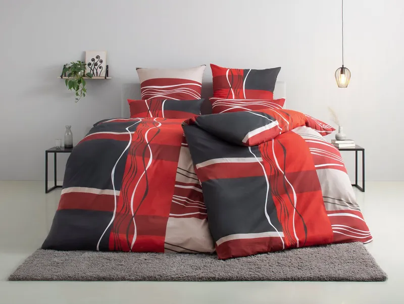 OTTO home Bettwäsche Kelian in Gr. 135x200, 155x220 cm u.a. Bettwäsche-Set mit Baumwolle, Polycotton recycelt, 3 teilig, in verschiedenen Qualitäten, gemusterte Bettwäsche, Grau|rot, – Produktbild 1 von 5