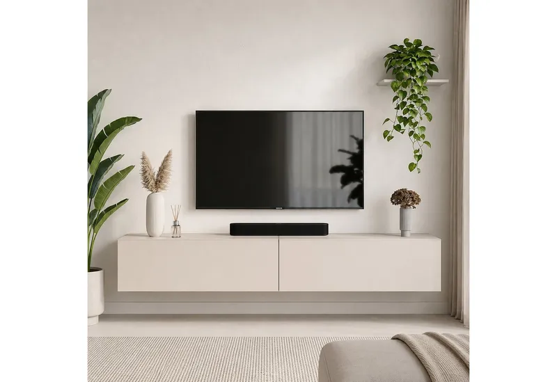 Planetmöbel TV-Schrank West TV-Board, Fernsehtisch 200 cm lang, TV-Lowboard (für Fernseher bis 55 Zoll, TV Schrank viel Stauraum, sideboard hängend, Fernsehschrank 2x 100 x 30 x 37,5 cm) kaschmir, Beige, – Produktbild 2 von 4