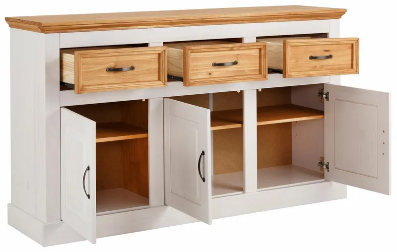 OTTO home Sideboard Selma Kommode mit 3 Türen, 3 Schubläden und 6 Fächer, Metallgriffe, aus massivem Kiefernholz, 3 Einlegeböden, mit dekorativer Fräsung, Weiß, – Produktbild 5 von 5