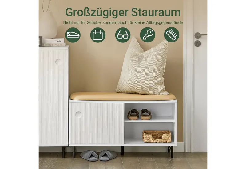 SoBuy Schuhbank FSR116, mit Sitzfläche und Schiebetüren Sitzbank mit Stauraum Dielenbank, Weiß, – Produktbild 2 von 5