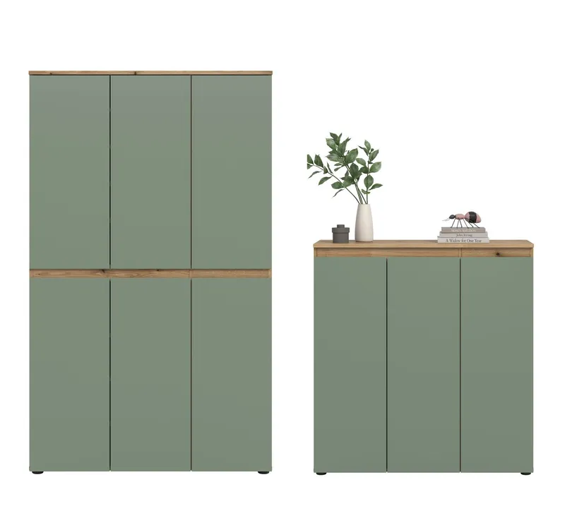 furnling Mehrzweckschrank-Set Sarca - in 5 trendigen Farben, (2-St., bestehend aus Kommode, Universalschrank), 1 Kleiderstange, großzügiger Stauraum durch 28 Fächer, Breite 235 cm, Grün, – Produktbild 3 von 5