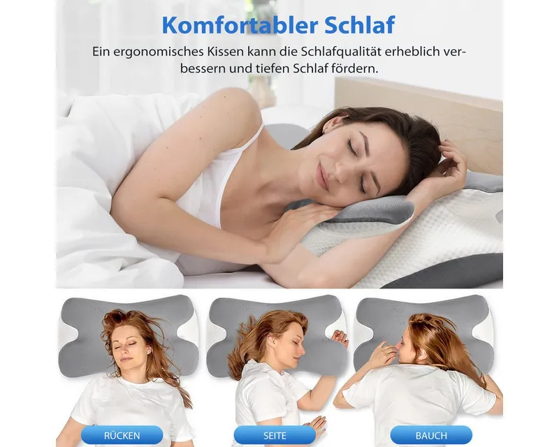 Simloveve Nackenstützkissen kühlendes Kopfkissen,Seitenschläferkissen,Orthopädisches Kissen, Füllung: Memory Foam, Rückenschläfer, Seitenschläfer, Bauchschläfer, Ergonomisches Kopfkissen, Nackenkissen OEKO-TEX® Standard 100 & CertiPUR-US Zertifiziert, Waschbar, Antischnarchkissen, Schmetterlingskissen, Zwei Höhen, Grau, – Produktbild 2 von 7
