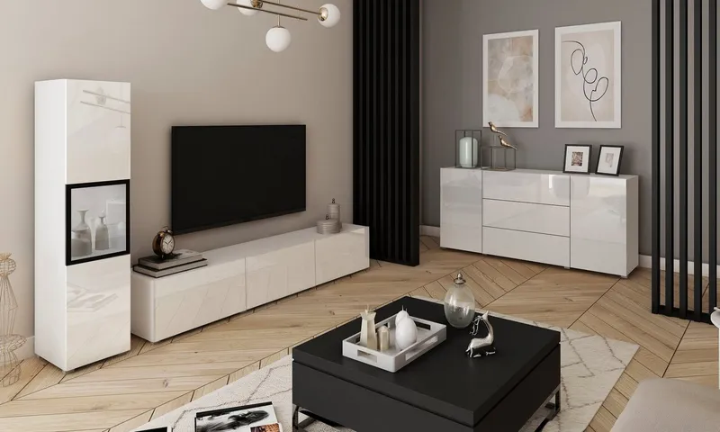 Home affaire Wohnwand BERLIN I, Vitrine Türschlag links/rechts wechselbar, (Komplett-Set, 2-St), moderne grifflose Mediawand Breite 220 cm, Vitrine mit Verglasung, Weiß, – Produktbild 2 von 5