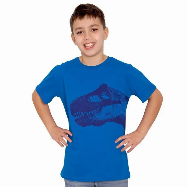 HANDGEDRUCKT HANDGEDRUCKT "T-Rex" Kinder T-Shirt reine Bio Baumwolle (kbA), Brightblue, – Produktbild 2 von 3