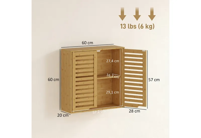 HOMCOM HOMCOM Hängeschrank Wandschrank aus Bambus, atmungsaktive Lamellentüren, Badschrank (Wandschrank aus Bambus, 1-St., Badezimmerschrank) über der Toilette, 60 x 20 x 60 cm, Beige, – Produktbild 3 von 5