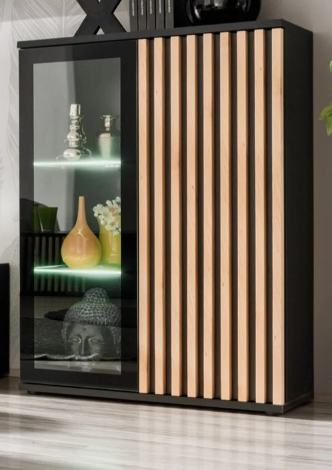 Furn.Design Vitrine Morgan (Hohe Kommode in Schwarz mit Eiche Lamellen, 80 x 118 cm) Push-to-Open-Funktion, inklusive Beleuchtung, Schwarz, – Produktbild 2 von 5