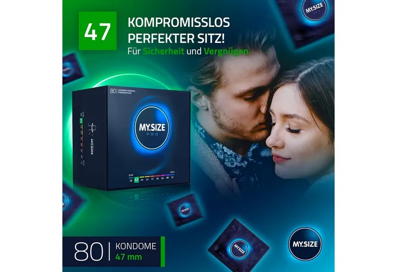 MY.SIZE Kondome PRO ELITE Kondome, 9 Größen, 45-72 mm, Schlank-XXXXL, Extra reines Vytex-Latex, leicht zu öffnen, hauchdünn 0,05mm – Produktbild 2 von 7