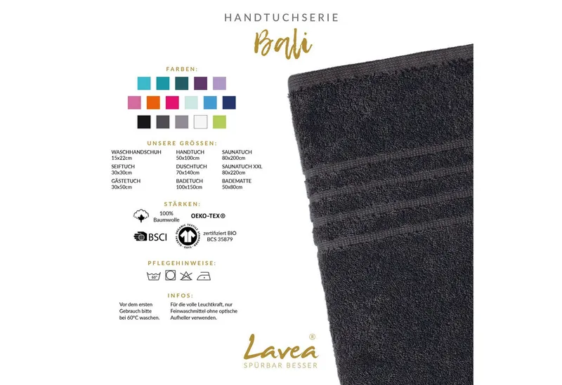 Lavea Waschhandschuh Bali Waschlappen 16x22 cm, Waschhandschuhe, kleine Handtücher, Weiches Bio-Baumwollfrottee (Set, 2-St), Gesichtshandtücher, GOTS-zertifiziert, extra saugstark mit 500g/m², Grau, – Produktbild 2 von 4