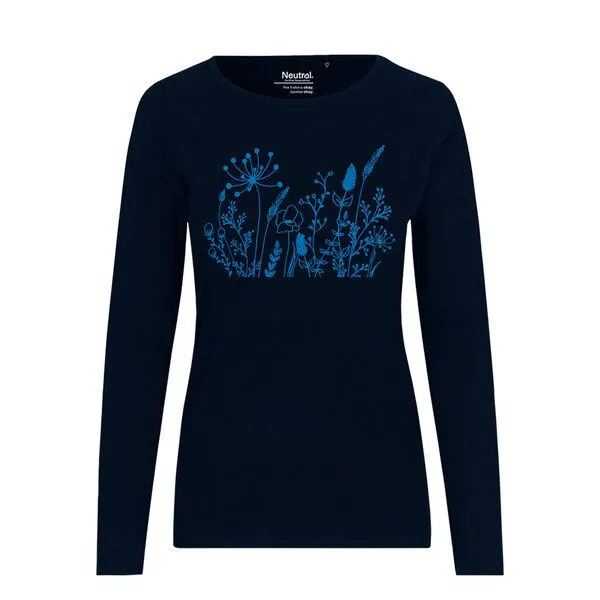 HANDGEDRUCKT HANDGEDRUCKT "Wilde Wiese" Frauen Longsleeve aus reiner Biobaumwolle (kbA), Navy blue, – Produktbild 1 von 2