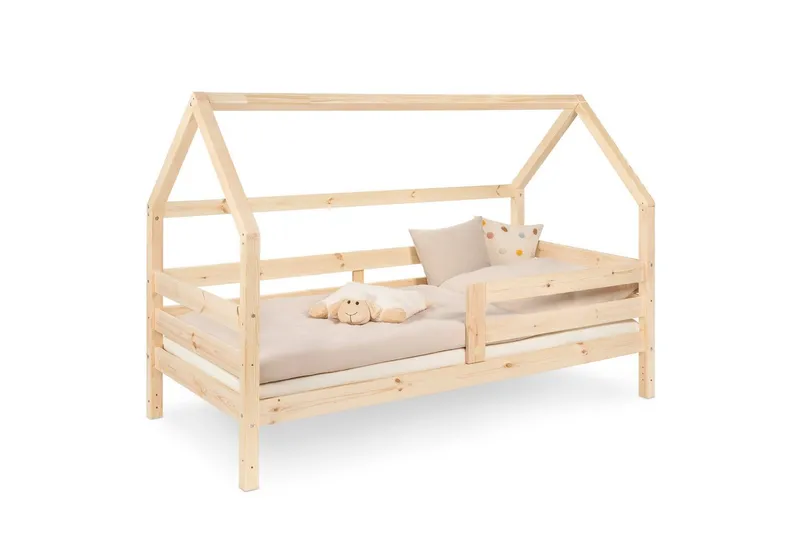 Ehrenkind Hausbett Sona aus FSC®-zertifiziertem Kiefernholz, höhenverstellbar (90x200 cm, inkl. Rollrost und abnehmbarem Rausfallschutz), 2-in-1 Bett – bodentief oder in Standardhöhe aufbaubar, Natur, – Produktbild 1 von 5