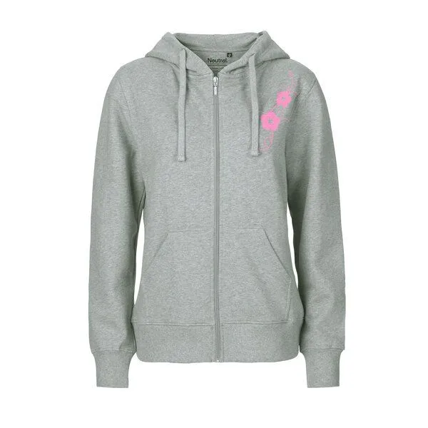 HANDGEDRUCKT HANDGEDRUCKT "Hibisken" Frauen Zip-HOODY aus reiner Biobaumwolle (kbA), Grey, – Produktbild 1 von 2