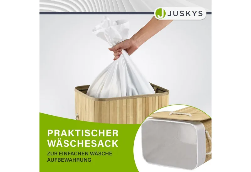 Juskys Wäschekorb Curly 72 L in Natur aus Bambus mit Deckel & waschbarem Wäschesack, Wäschesammler für 2 Personen, faltbar mit Griffen, 40 x 30 x 60 cm, Beige, – Produktbild 4 von 5