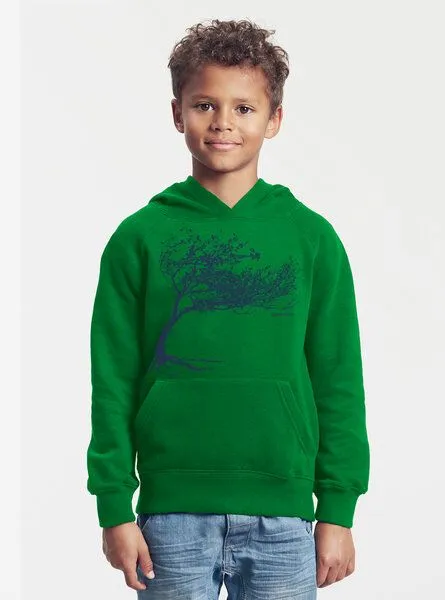 Peaces.bio - handbedruckte Biomode Peaces.bio - handbedruckte Biomode Bio-Kinder-Kapuzen-Sweatshirt "Windy Tree", Grün, – Produktbild 2 von 2