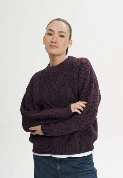 MELA MELA Zopfmuster Strickpullover Style SAMAIRA aus 100% Bio-Baumwolle, Elderberry melange, – Produktbild 1 von 4