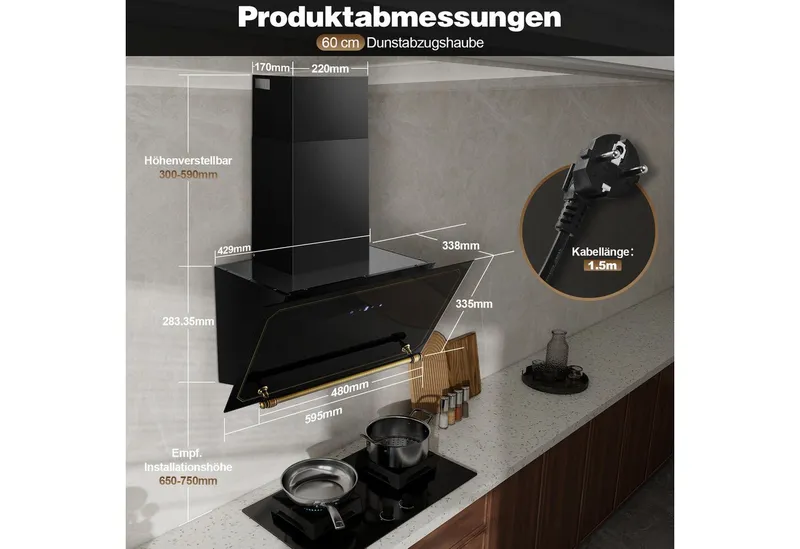 SNDOAS Kopffreihaube Dunstabzugshaube 60cm, 450 m³/h Umluft, 3 Stufen + Booster, A+++ Touchscreen Schräghaube, Abluft/Umluft mit LED, Schwarz, – Produktbild 2 von 5