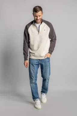 DIRTS DIRTS Herren vegan Pullover Color Block Quarter Zip Hafermilch/Kastanie – Produktbild 1 von 1