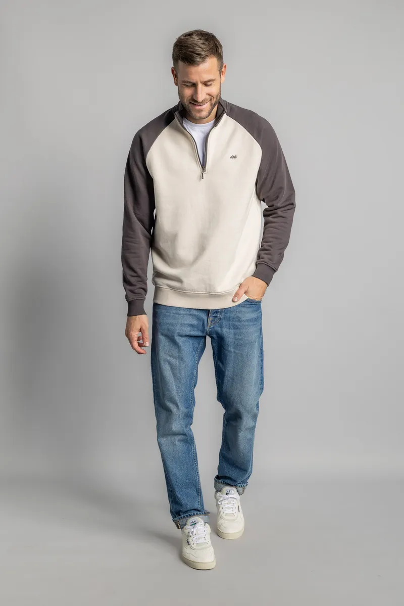 DIRTS DIRTS Herren vegan Pullover Color Block Quarter Zip Hafermilch/Kastanie, Beige, – Produktbild 1 von 2