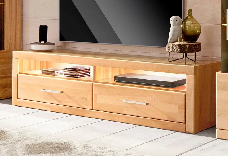 OTTO home Lowboard Ribe,140cm breit,38cm hoch mit 2 Klappen,Oberplatte aus Massivholz, Holz massiv, Holzwerkstoff, Metall Griffe,2 Klappen, Braun, – Produktbild 1 von 5