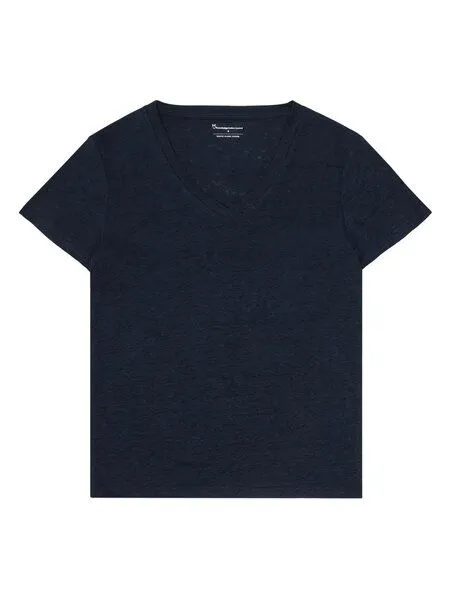 KnowledgeCotton Apparel KnowledgeCotton Apparel T-Shirt mit V-Ausschnitt - aus Bio-Leinen, Blau-total-eclipse, – Produktbild 1 von 1