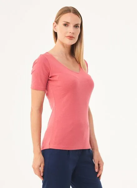 ORGANICATION ORGANICATION Geripptes T-Shirt aus Bio-Baumwolle mit V-Ausschnitt, Rose(desert rose), – Produktbild 3 von 4
