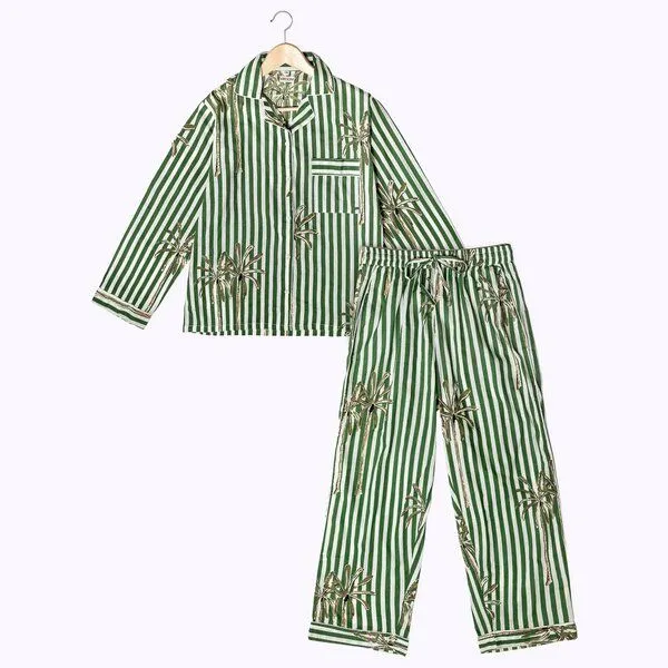 KIKOONI KIKOONI Baumwoll Pyjama "Sleepy K", Palm stripes green, – Produktbild 1 von 3