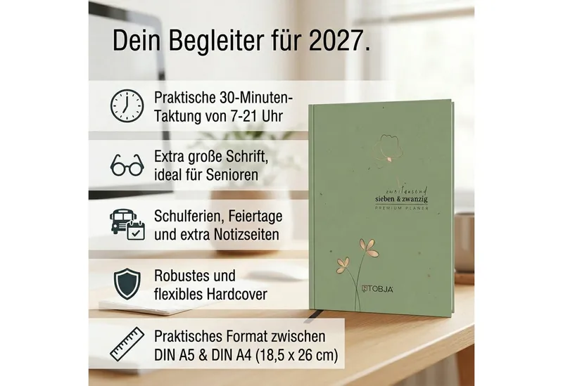 TOBJA Buchkalender Buchkalender 2027 Wochenplaner salbeigrün Skandi OptiPlaner Sage FSC, Salbeigrün, Roségold-Blumen, 30-Min-Taktung, 18,5x26 cm, FSC – Produktbild 2 von 5