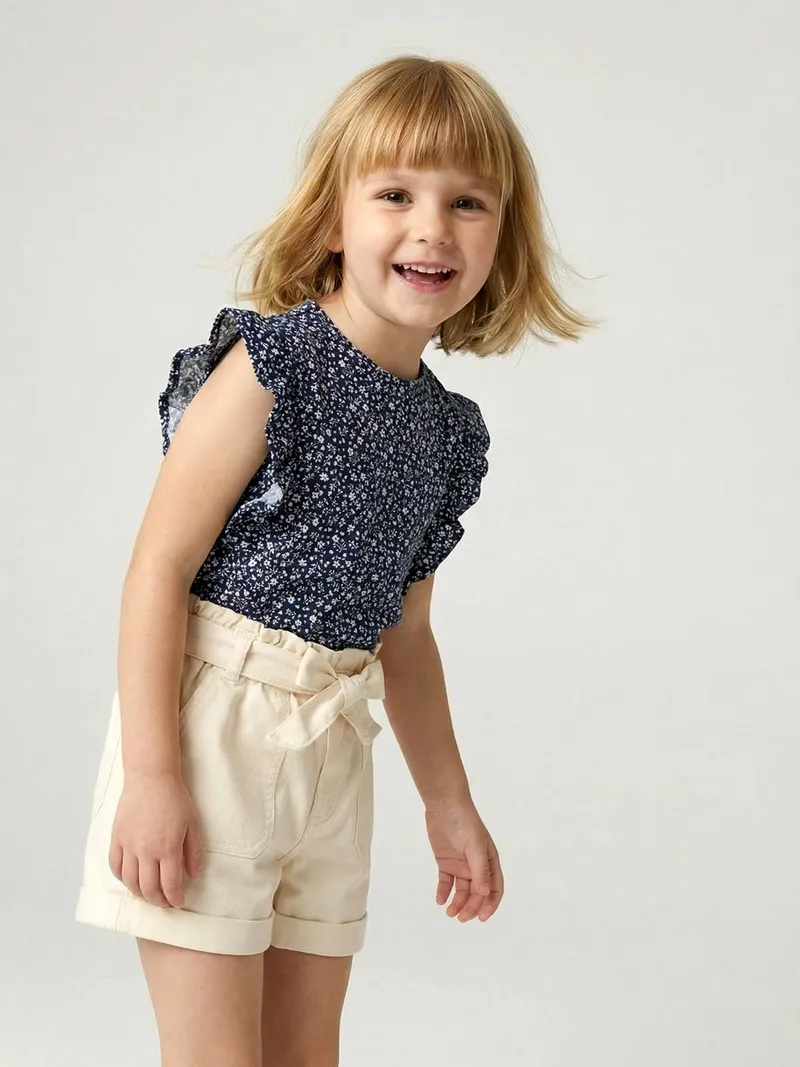 Vertbaudet Mädchen Top mit Volants und Blumenmotiven, Marine, – Produktbild 2 von 3