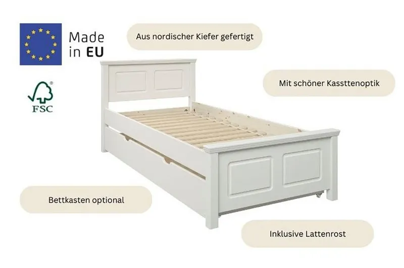 OTTO home Massivholzbett ERIK', Made in Europe, optional mit Schublade, Massivholz Kiefer (FSC® zertifiziert), in mehreren Größen, Landhausstil mit Kassettenoptik, Weiß, – Produktbild 4 von 5