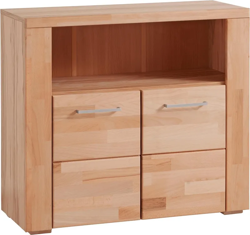 OTTO home Kommode Celle, 90cm breit, 35cm tief, Fronten Massivholz, Holz massiv, Holzwerkstoff, Metall Griffe,3 breite Fächer, Braun, – Produktbild 6 von 8