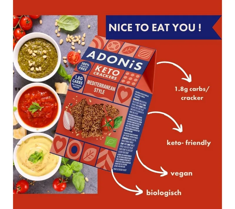 Adonis Keto Crackers (10 x 60 g Packung), Vegan & Keto-freundlich Kapseln, 100% natürlich, Glutenfrei, palmölfrei, laktosefrei, Gesunder Snack à – Produktbild 4 von 5
