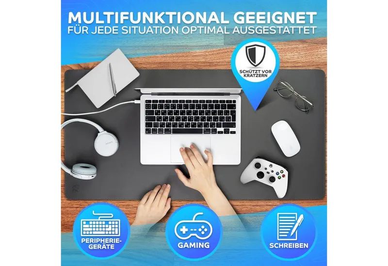 MAXLVL Gaming Mauspad Schreibtischunterlage - Mauspad mit Vernähte Kanten - abwaschbar (80x40 cm, Schreibtisch Unterlage für Büro), Tischunterlage Schreibtisch aus PU-Leder, Grau, – Produktbild 3 von 8