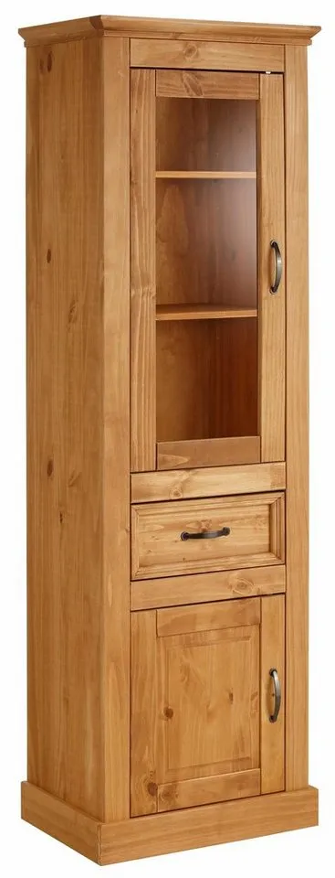 OTTO home Vitrine Selma Hochschrank, 2 Türen, eine davon mit Glaseinsatz und 1 Schublade massives Kiefernholz mit natürlicher Maserung, Metallgriffe 180cm hoch, Beige, – Produktbild 2 von 5