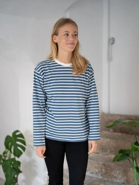 FUXBAU FUXBAU Frauen Streifen Longsleeve - creme grün, bordeaux, blau oder senf, Blue, – Produktbild 7 von 8