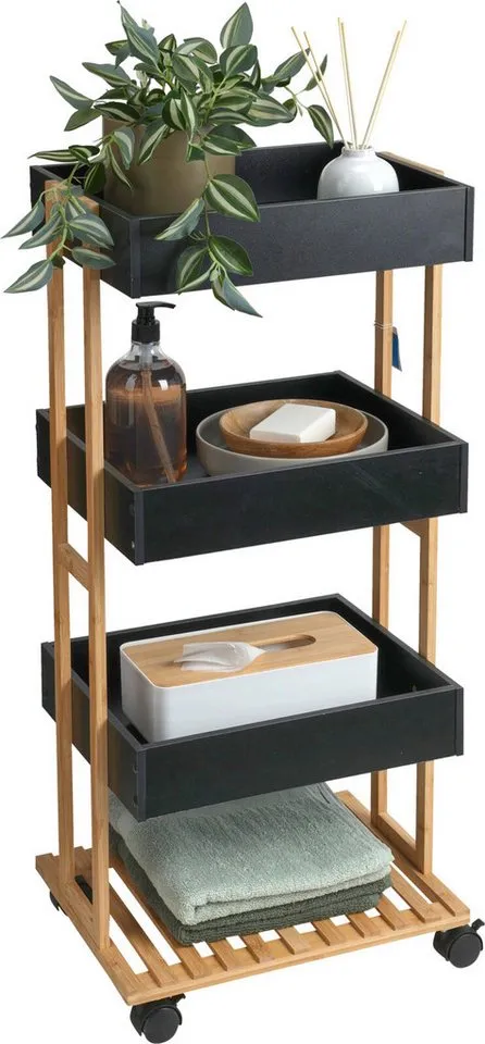 Koopman Badregal Schwarz Holz Aufbewahrung Bambus 84cm Ablage Bad, Stück 1-tlg., 4 Etagen, Schrank, Handtuchhalter, Badezimmer, 84cm hoch, Braun, – Produktbild 2 von 4
