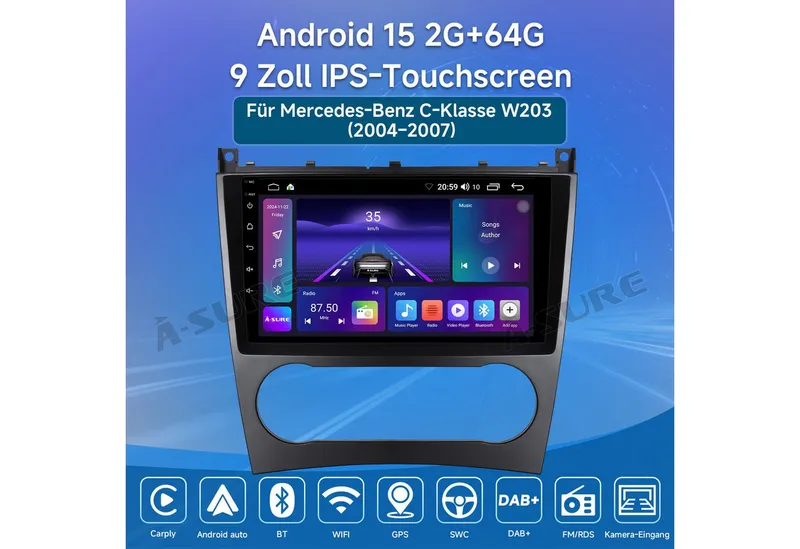 A-Sure Android 15 Carplay Für Mercedes Benz C-Klasse W203 W209 2005-2009 Autoradio (8Core, 4 Core, Digitalradio (DAB), FM, AM, 1280*800 IPS Screen) – Produktbild 2 von 5