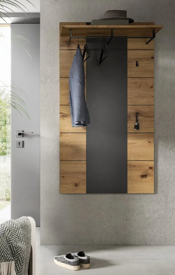 Inn.Furn Garderobenpaneel Cooper (Wandgarderobe in Eiche Artisan und Basalt grau, 80 x 141 cm), mit großer Kleiderstange und 7 Haken, Beige, – Produktbild 5 von 5