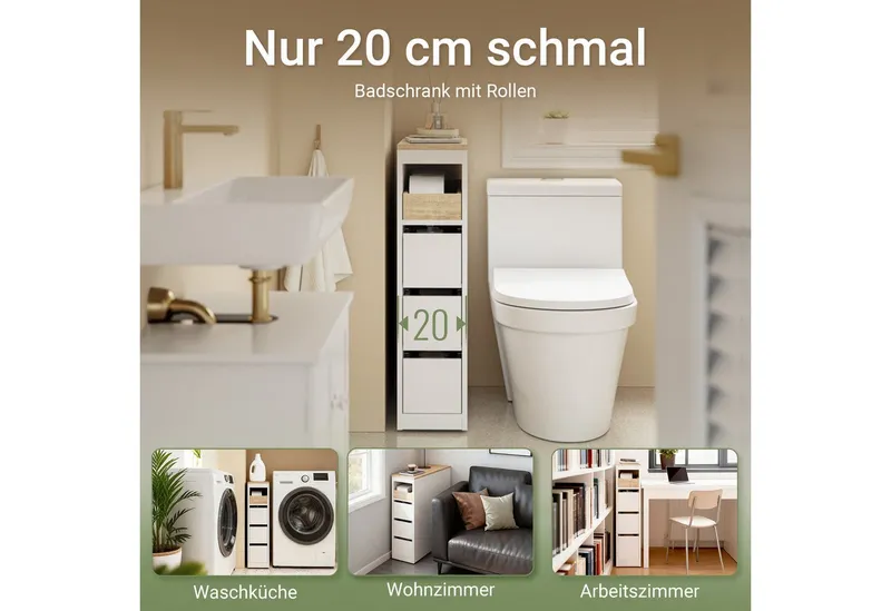 SoBuy Beistellwagen BZR54, Badezimmerschrank mit Rollen, Badschrank schmal, Kommode, Küchenwagen schmal Nischenwagen Badezimmerregal mit Rädern, ausziehbar, Weiß, – Produktbild 4 von 8