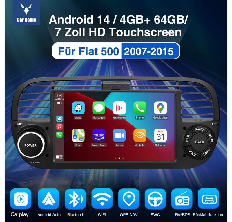 ESSGOO 7" DAB+ 64G Für 2007-2015 Fiat 500 Android 15 Carplay GPS RDS NAVI BT Navigationsgerät (Touchscreen GPS Navi Apple Carplay & Android Auto), Schwarz, – Produktbild 2 von 5