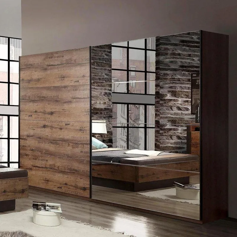 FORTE Schwebetürenschrank Jacky, mit Spiegelpaneele, Metallgriffe (B/H/T ca: 270/210x61), Beige|schwarz, – Produktbild 2 von 4