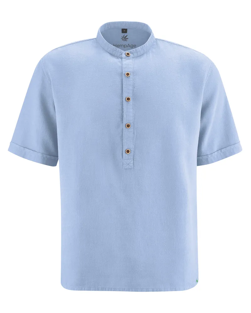 HempAge Hempage Herren vegan Hemd Kurze Ärmel Stehkragen Wasserblau, Blau, – Produktbild 1 von 2