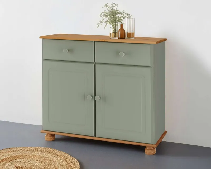 OTTO home Sideboard Mette Kommode mit 2 Türen & 1 Schubladen, die optisch geteilt ist, Kommode mit gefrästen, kugelförmigen Füßen, 2 Türen und 1 Schublade, Grün, – Produktbild 1 von 5
