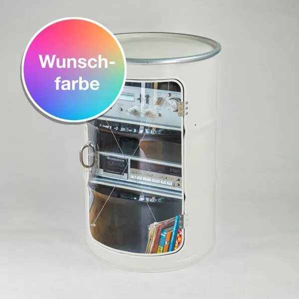 Lockengelöt Lockengelöt HiFi Vitrine aus einem Hamburger Ölfass, Wunschfarbe (gepulvert), – Produktbild 1 von 3