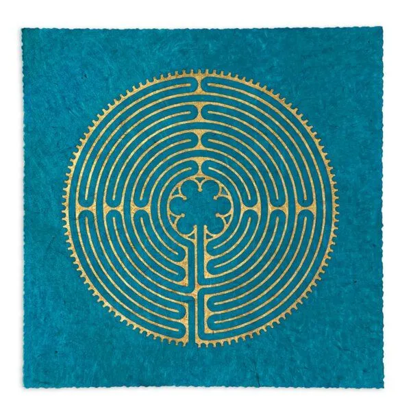 Veskor Cassiopeia Veskor Cassiopeia LABYRINTH VON CHARTRES der Kathedrale Notre-Dame Linoldruck | 22 × 22 cm | Cyan-Blau, Gold, – Produktbild 1 von 3