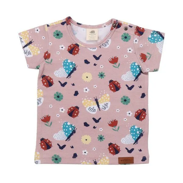 Walkiddy Kinder T-Shirt GOTS zertifiziert – Rosa mit Marienkäfer- und Schmetterlingsmotiv, Kurzarm | von Walkiddy, Pink, – Produktbild 1 von 3