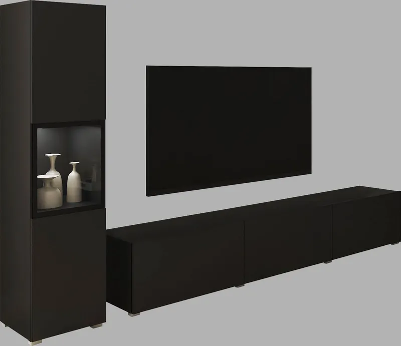 Home affaire Wohnwand BERLIN I, Vitrine Türschlag links/rechts wechselbar, (Komplett-Set, 2-St), moderne grifflose Mediawand Breite 220 cm, Vitrine mit Verglasung, Schwarz, – Produktbild 2 von 6