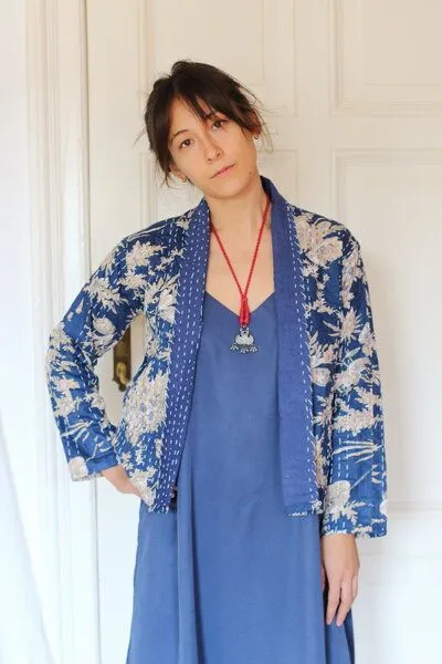 ManduTrap ManduTrap Boho Cardigan Damen – leichte Übergangsjacke aus recycelter Baumwolle (Kantha) – Sunaja, Blau, – Produktbild 1 von 4