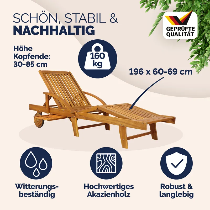 Casaria® Gartenliege klappbar verstellbar Akazienholz mit Ausziehtisch Rollen, Braun, – Produktbild 2 von 2