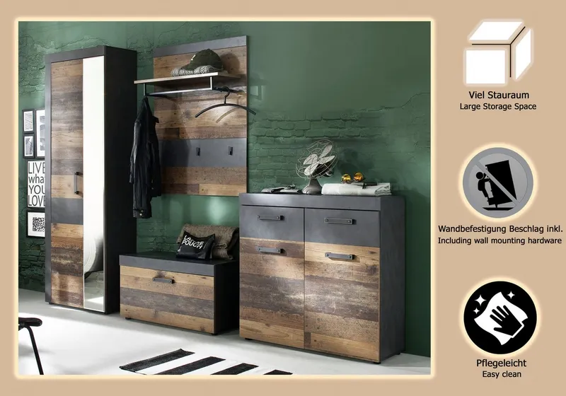 Home affaire Garderoben-Set Ilana, (Set, 4-St), Garderobenmöbel im modernen Industrial Style mit antikfarbenen Griffen, Grau, – Produktbild 4 von 4