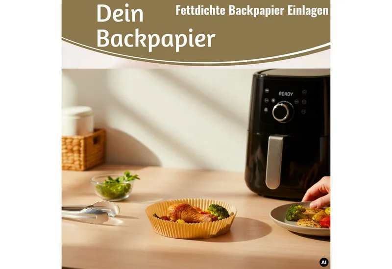 LS-LebenStil Backpapier Rund 16cm Set 100 Stück FSC für Airfryer Heißluftfritteuse Ninja, FSC zertifiziert, Antihaftbeschichtete Einweg Backeinlagen Zuschnitte, Braun, – Produktbild 4 von 5