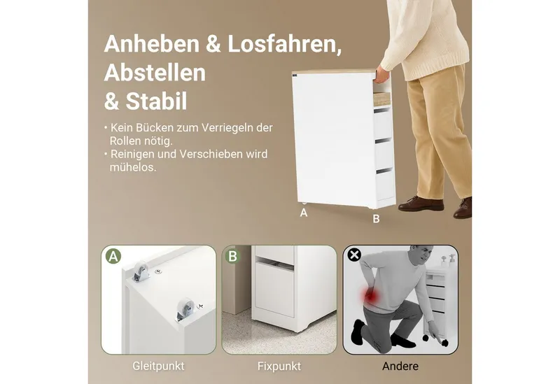SoBuy Beistellwagen BZR54, Badezimmerschrank mit Rollen, Badschrank schmal, Kommode, Küchenwagen schmal Nischenwagen Badezimmerregal mit Rädern, ausziehbar, Weiß, – Produktbild 6 von 8